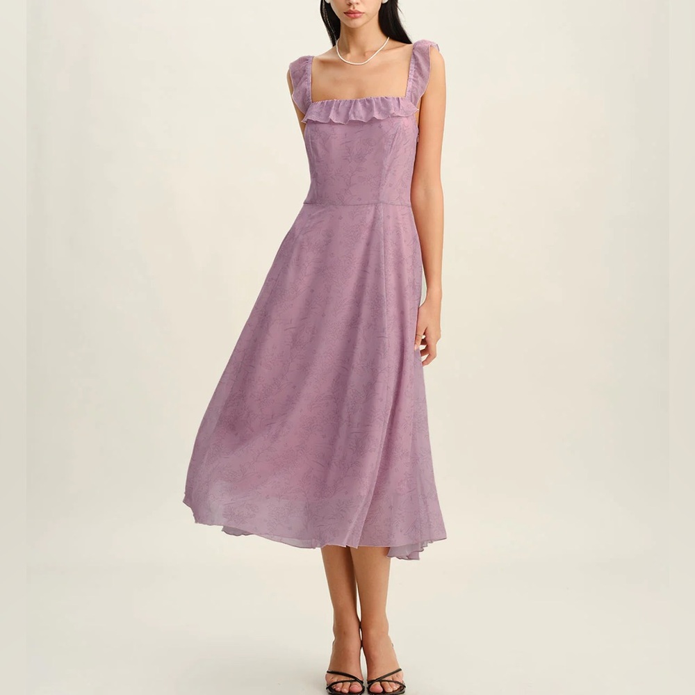 Rihoas Purple Floral Square Neck Ruffle Slip Midi Dress - Picture 7 of 10